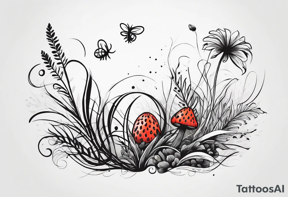 forest floor inspired minimalist tattoo, which includes grass, curly ferns and dead leaves as the bulk of the tattoo. details to include: three very tiny strawberries, a tiny bumblebee flying nearby, three small brown mushrooms
Generate a vertically long one tattoo idea