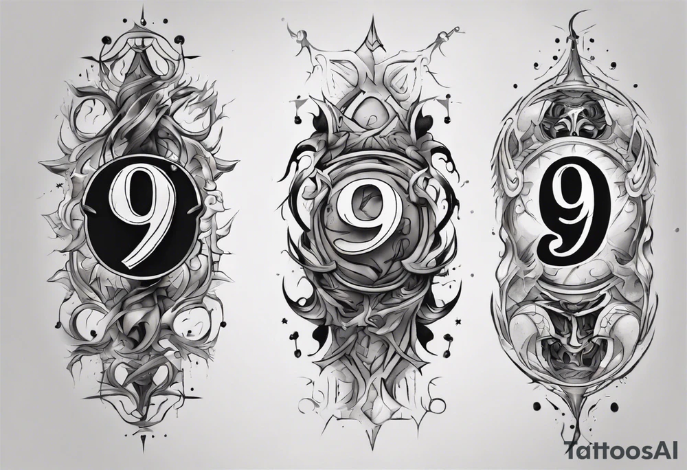 number 9 right side up and upside down connected tattoo black and grey on inside forearm 9:16 aspect ratio tattoo idea