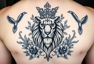 powerful majestic lion with a crown, surrounded by floral ornaments and birds tattoo idea