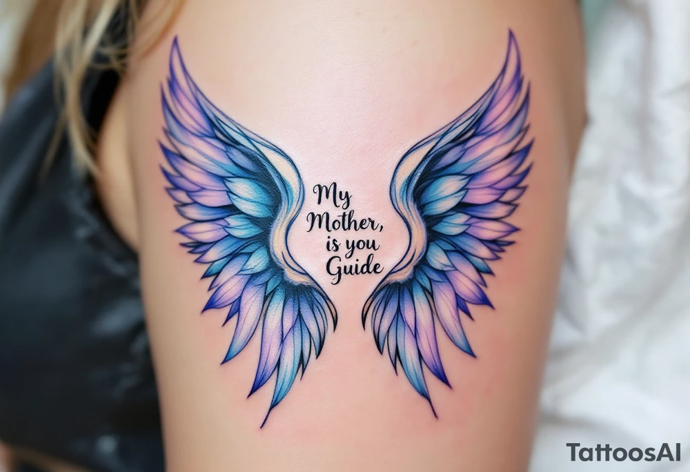 A pair of angel wings in light blue and lavender with “My Mother, Is My Guide” between them. tattoo idea