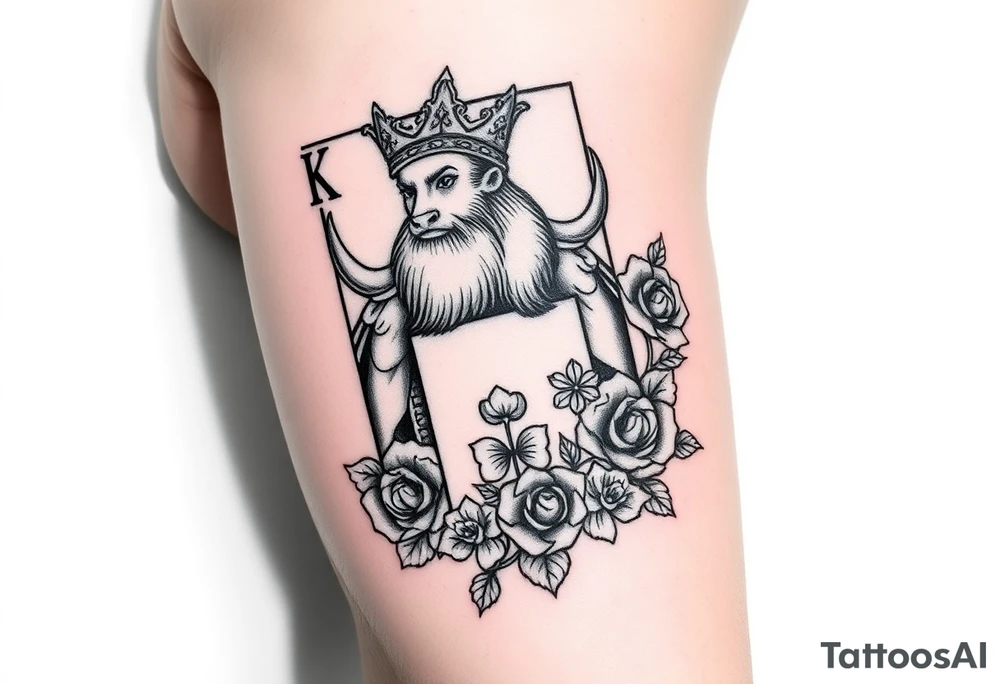 A king playing card with a highland cow, a small four leaf clover, a small spanner the card surrounded by roses tattoo idea