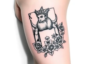 A king playing card with a highland cow, a small four leaf clover, a small spanner the card surrounded by roses tattoo idea