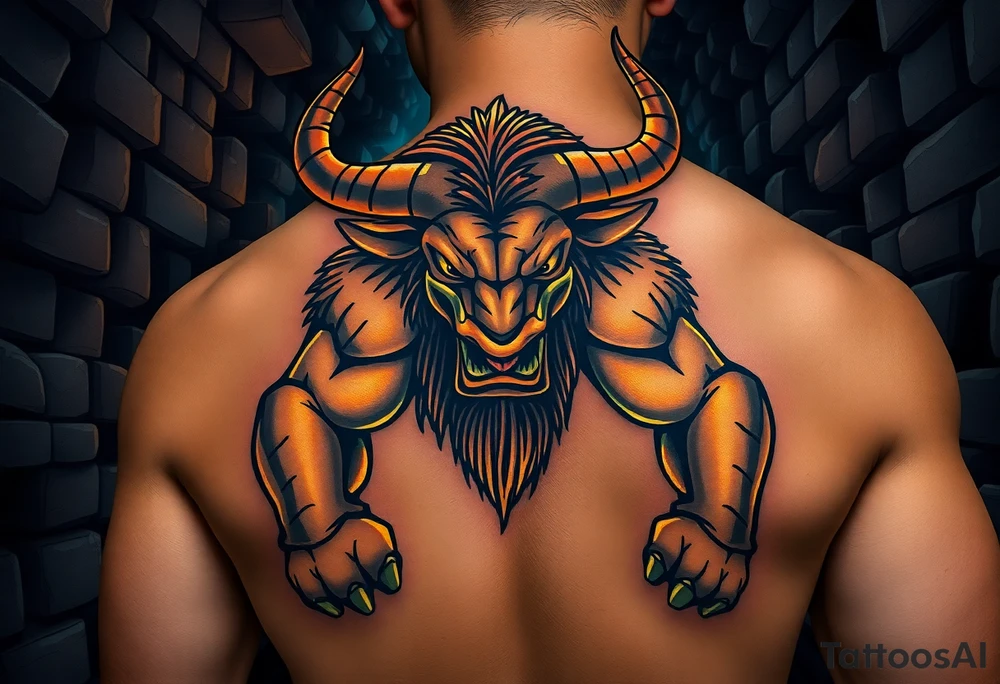 A mighty Minotaur in a shadowy labyrinth, its massive frame glowing with a bronze sheen under flickering torchlight tattoo idea