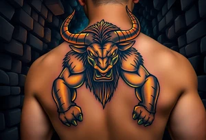 A mighty Minotaur in a shadowy labyrinth, its massive frame glowing with a bronze sheen under flickering torchlight tattoo idea