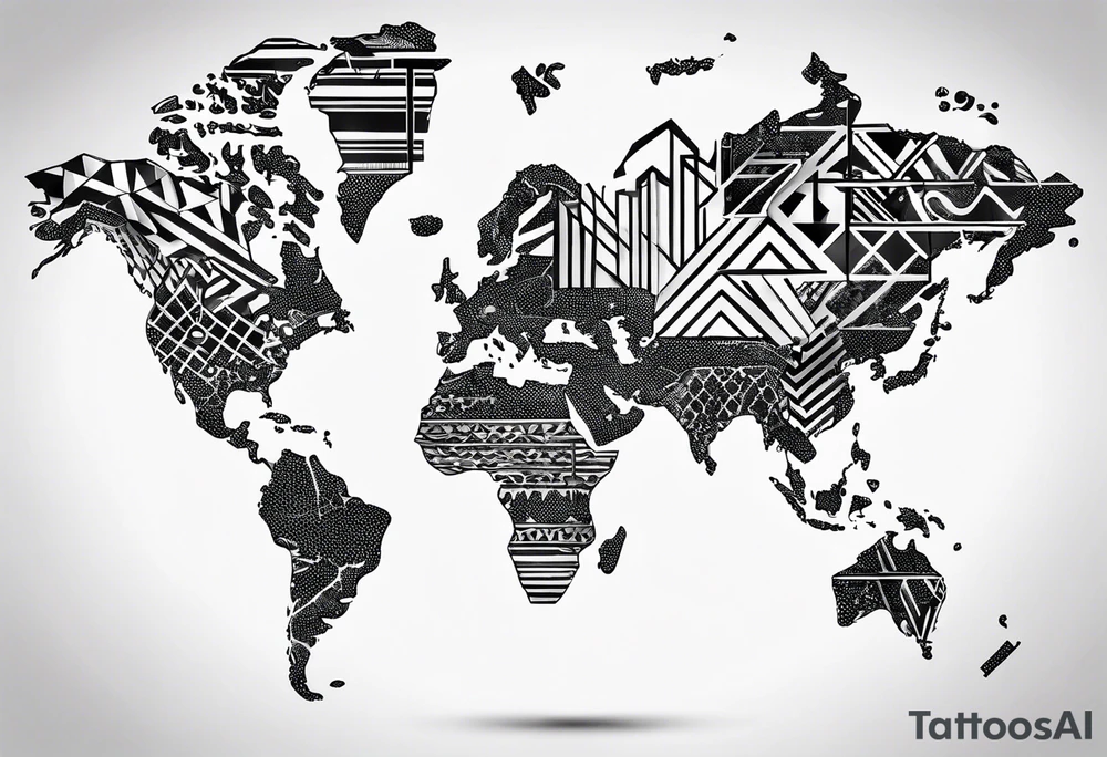 geometric world map tattoo with a cheetah pattern overlay tattoo idea