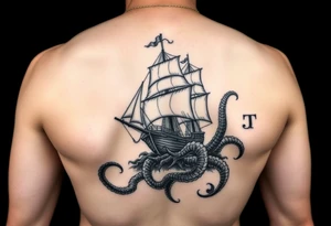 Extra large 
female side and hip tattoo pirate ship getting sunk by the kraken tattoo idea