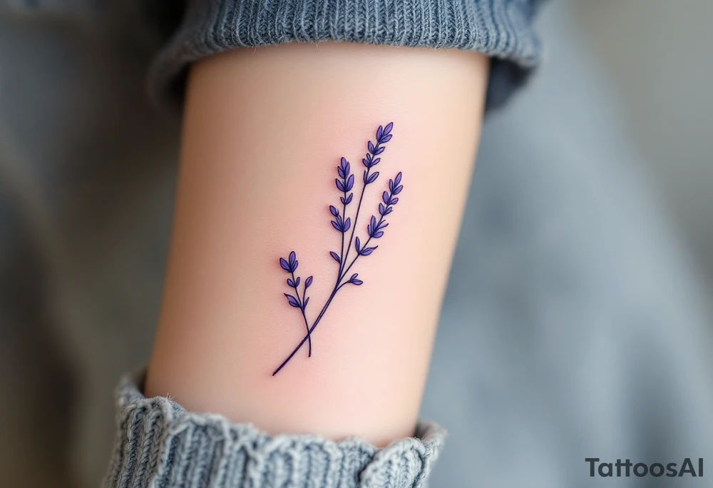 A minimalist line-art lavender sprig, with a subtle touch of violet and pastel green for a delicate and modern aesthetic. tattoo idea