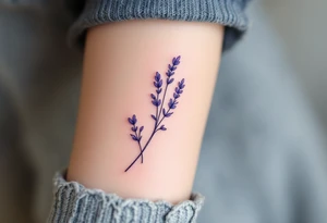 A minimalist line-art lavender sprig, with a subtle touch of violet and pastel green for a delicate and modern aesthetic. tattoo idea