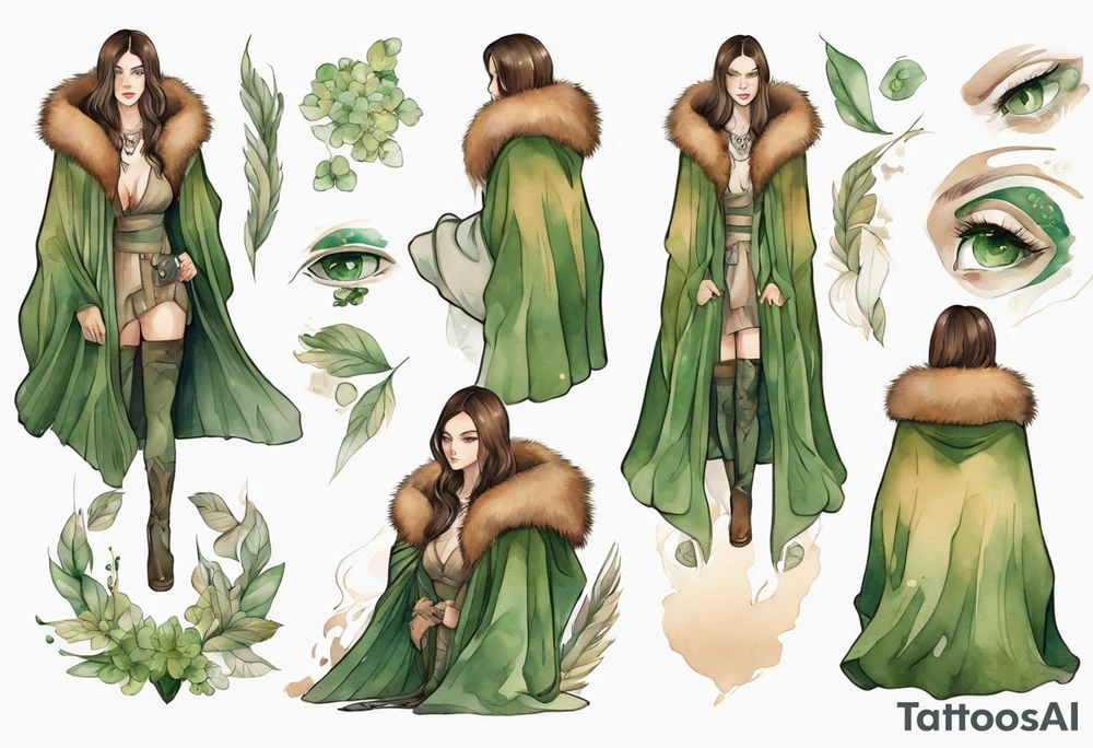 a tan woman with long brown hair  and green eyes wearing a fur cloak tattoo idea