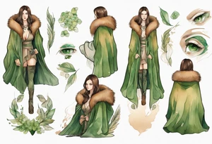 a tan woman with long brown hair  and green eyes wearing a fur cloak tattoo idea