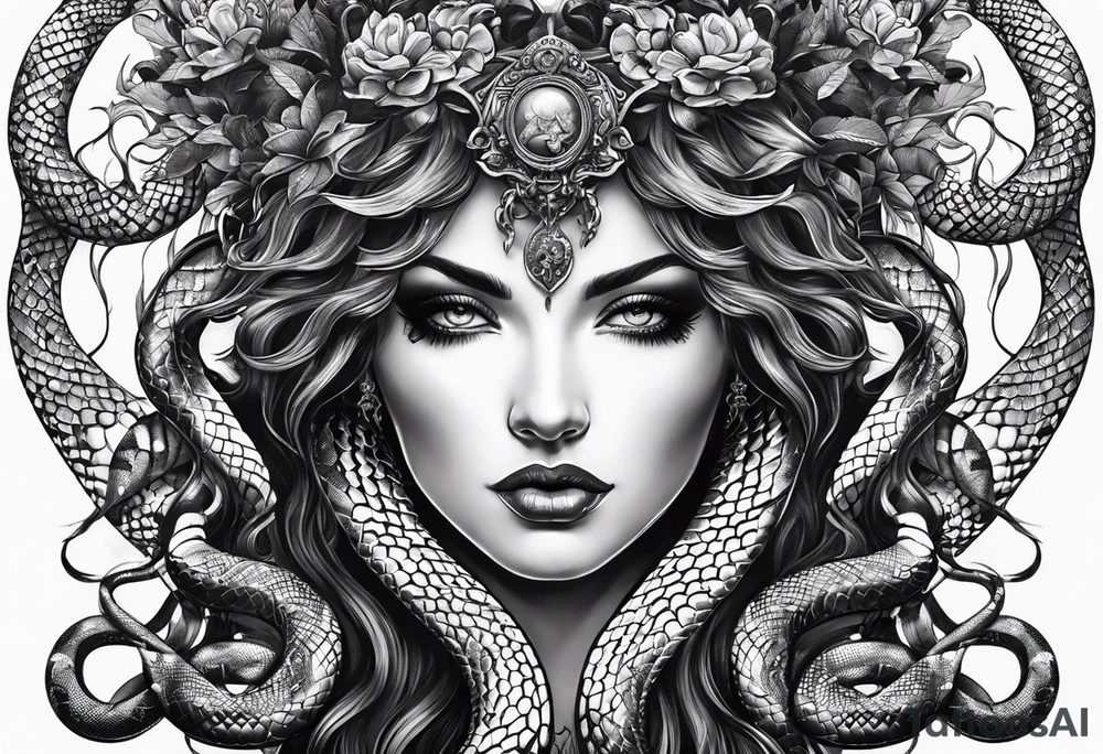 Gothic Medusa snakes lady head blackwork tattoo idea