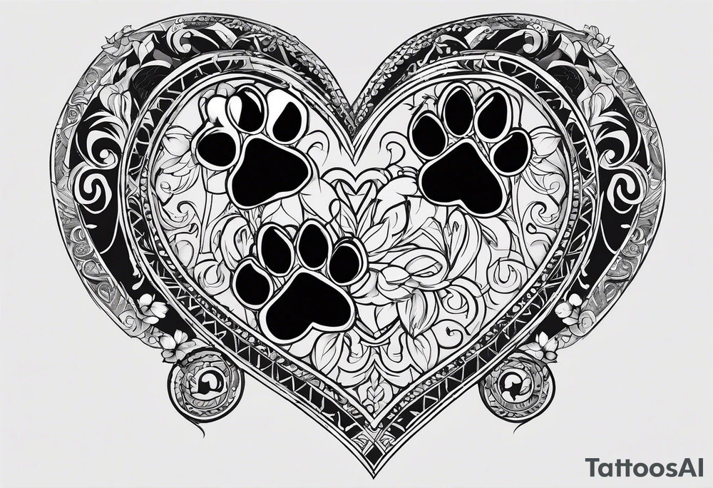 four dog paws with dark background connecting them, individual and disconnected tribal heart far above all four paws and no dark background tattoo idea