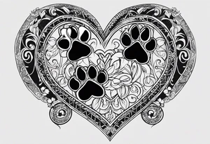 four dog paws with dark background connecting them, individual and disconnected tribal heart far above all four paws and no dark background tattoo idea
