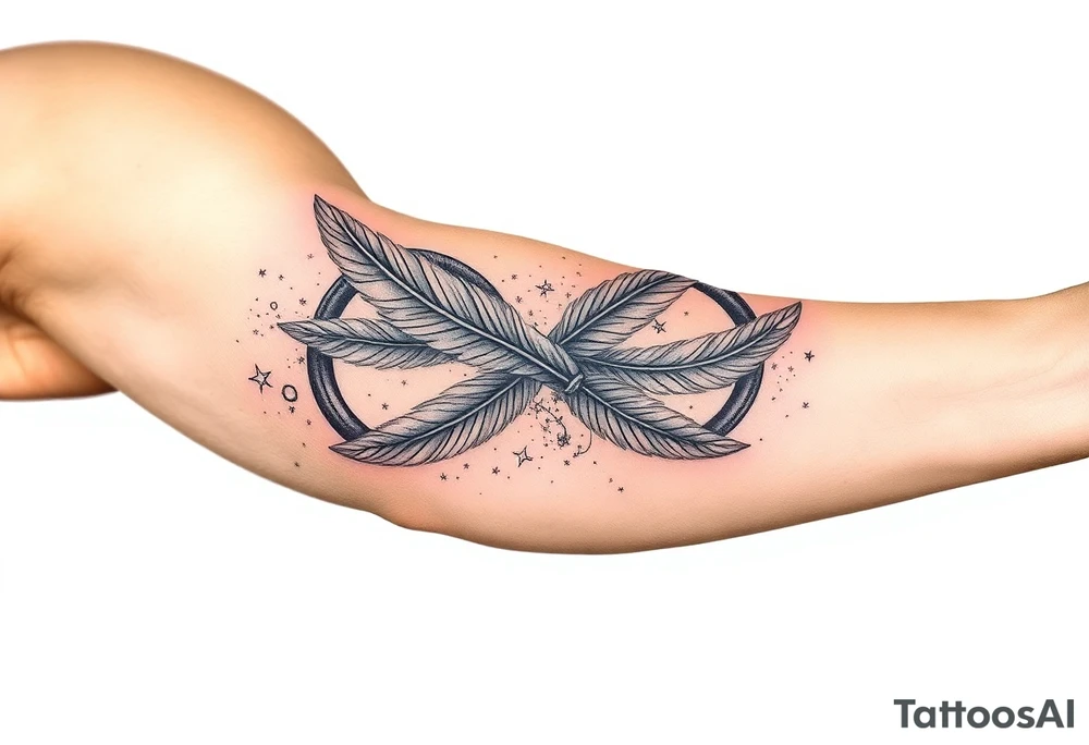 infinity symbol woven with floating feathers and stardust tattoo idea