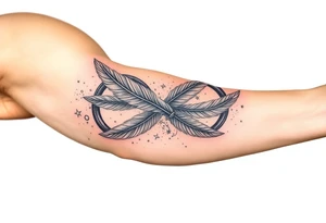 infinity symbol woven with floating feathers and stardust tattoo idea