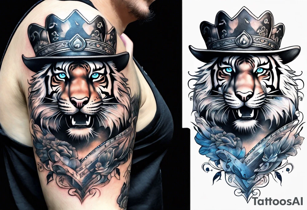 Tiger wearing a crown, blue eyes, cowboy boots with cowboy hat, dolphin and music notes sleeve tattoo idea