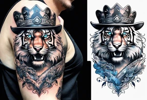 Tiger wearing a crown, blue eyes, cowboy boots with cowboy hat, dolphin and music notes sleeve tattoo idea