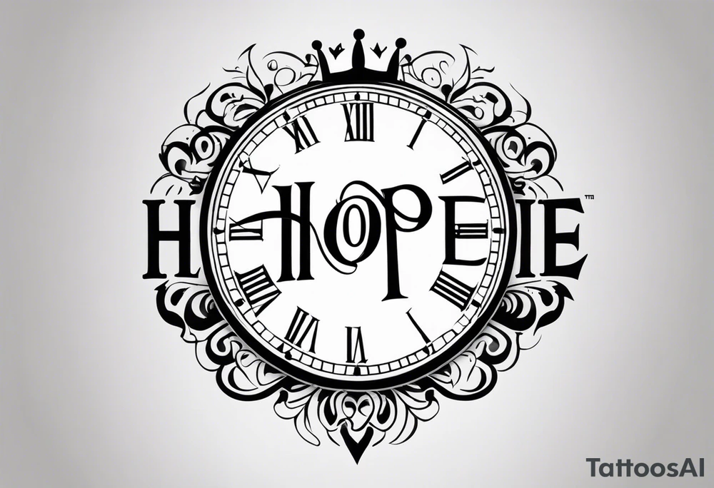 HOPE lettering, broken clock, king crown incorporated within letters tattoo idea