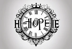 HOPE lettering, broken clock, king crown incorporated within letters tattoo idea