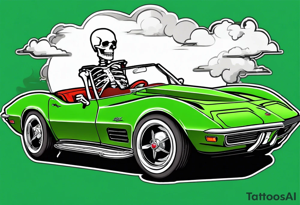 Skeleton smoking a cigarette driving a green 1976 convertible Corvette tattoo idea