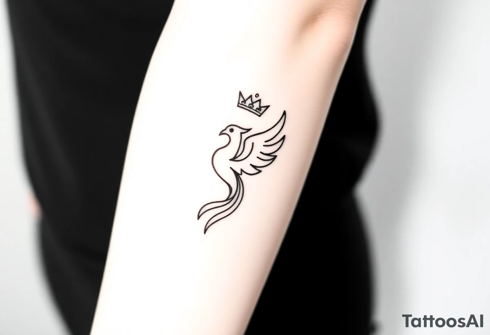 Minimal phoenix and crown fine lines tattoo idea