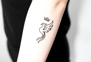 Minimal phoenix and crown fine lines tattoo idea