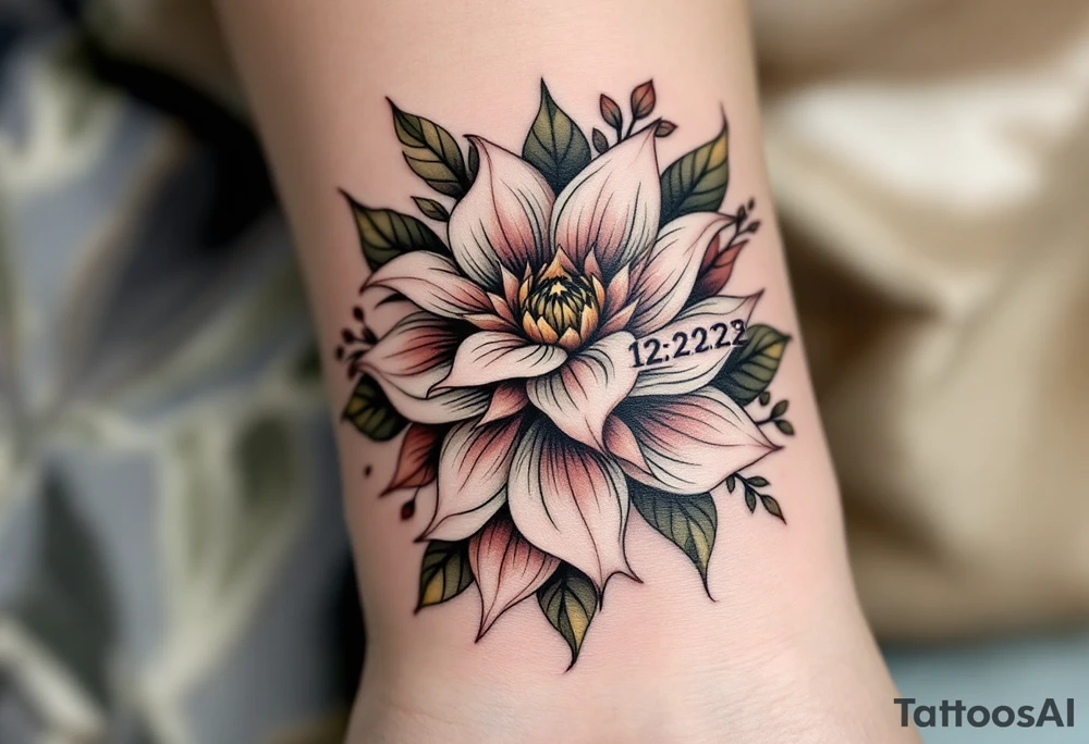 Floral wristband with name Simon and numbers 12.2.2022 v 8:08 hidden within petals in dusty rose and olive green. tattoo idea