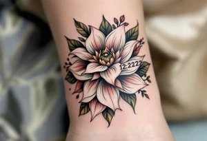 Floral wristband with name Simon and numbers 12.2.2022 v 8:08 hidden within petals in dusty rose and olive green. tattoo idea