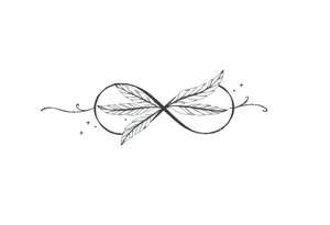 infinity symbol woven with floating feathers and stardust tattoo idea