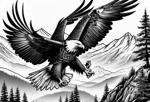 Eagle flying over a mountain with a Dove sitting on a branch in the background tattoo idea