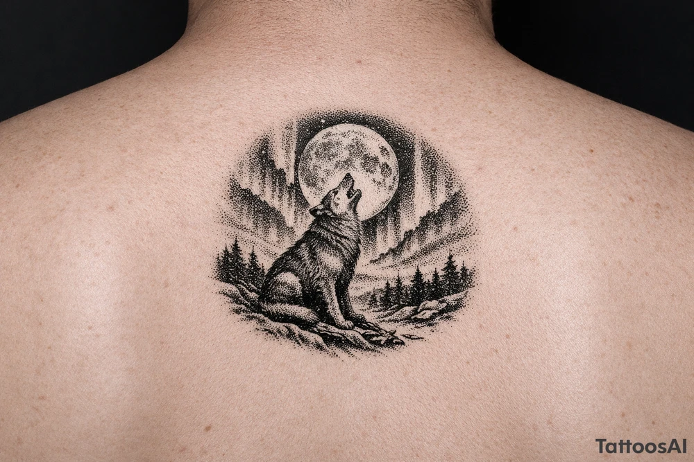 lone wolf howling at full moon with northern lights backdrop tattoo idea