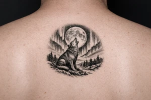 lone wolf howling at full moon with northern lights backdrop tattoo idea