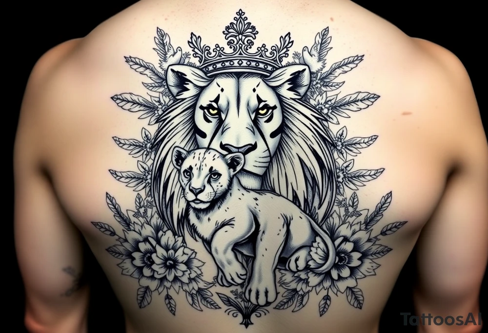 powerful majestic lion and cub with a crown, surrounded by floral ornaments and birds tattoo idea