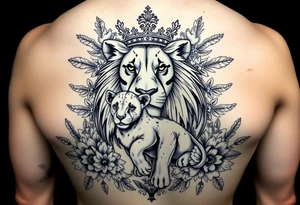 powerful majestic lion and cub with a crown, surrounded by floral ornaments and birds tattoo idea