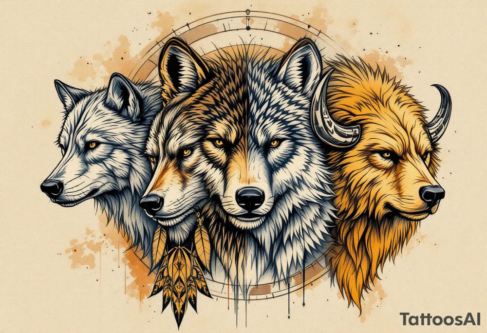 A totem of four animal totems (bear, wolf, eagle, buffalo) in earth tones, representing the medicine wheel. tattoo idea