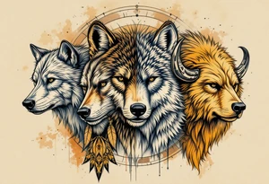 A totem of four animal totems (bear, wolf, eagle, buffalo) in earth tones, representing the medicine wheel. tattoo idea