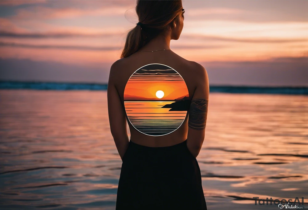 This is an extremely simple and minimalistic tattoo on forearm horizontally. The tattoo is very wide on the forearm and not tall. From the perspective of being on the ocean, Water is calm, with no waves in sight, the sun is setting behind the ocean, reflecting light onto the ocean. tattoo idea