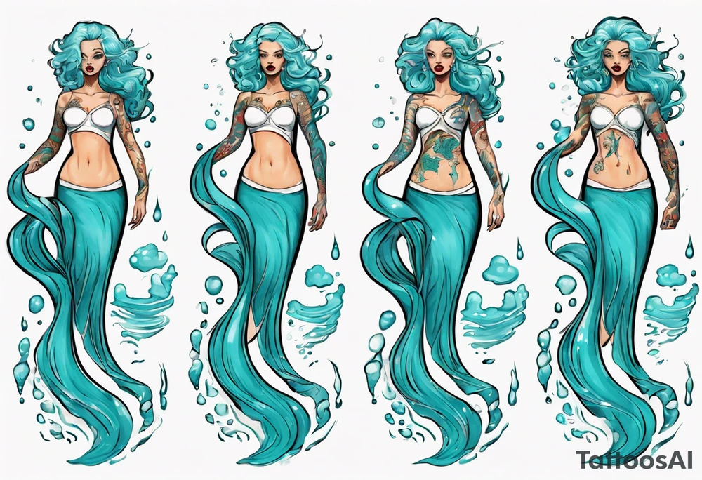 a tall woman made of water with turquoise hair riding the waves tattoo idea