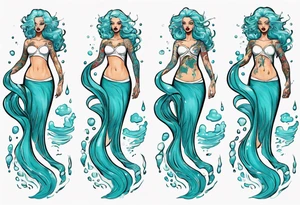 a tall woman made of water with turquoise hair riding the waves tattoo idea