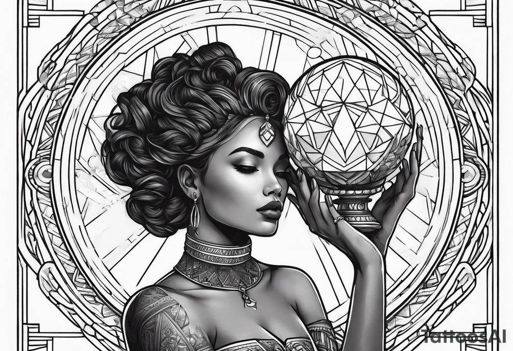 Woman holding orb of divinity over her head tattoo idea