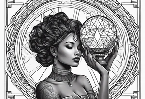 Woman holding orb of divinity over her head tattoo idea