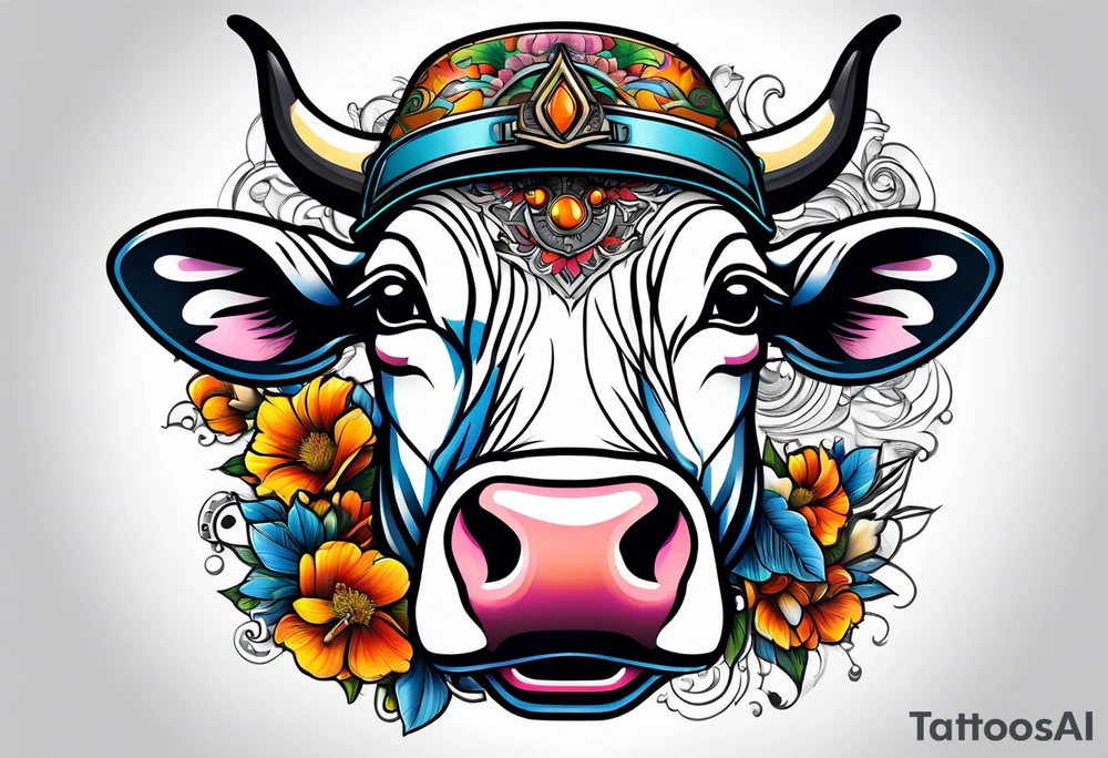 cow in motorcycle helmet tattoo idea