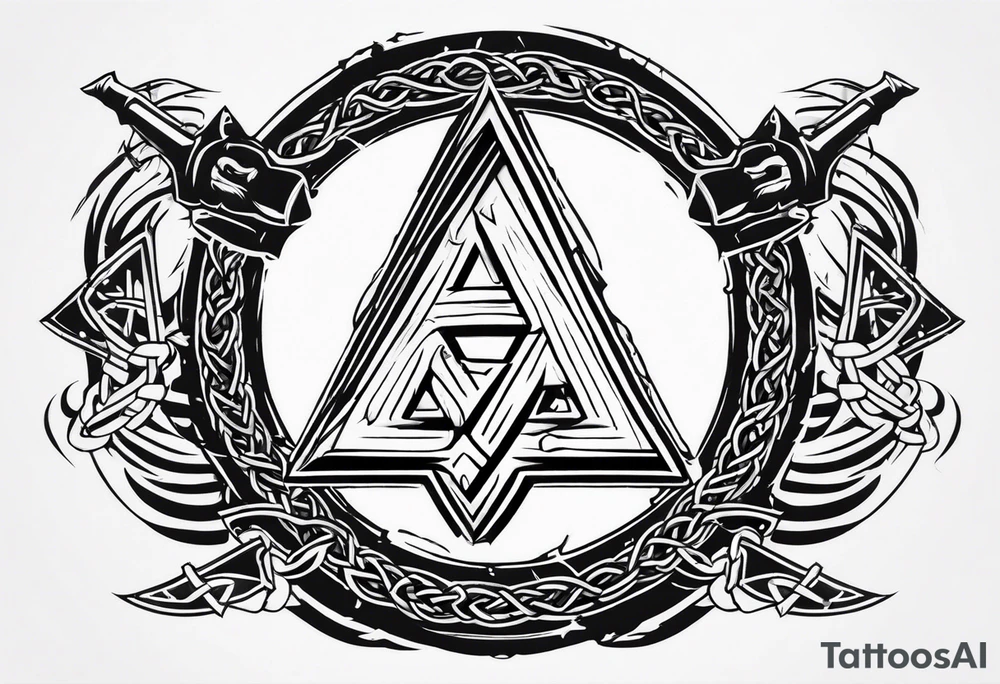 Valhalla sword shield axe barbed wire chains valknut fire tattoo idea Valhalla sword shield axe barbed wire chains valknut fire tattoo idea