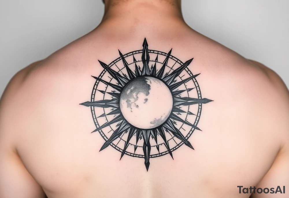 Compass with no declination marks shaped like a sun with a moon at the center of the image tattoo idea