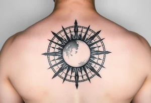 Compass with no declination marks shaped like a sun with a moon at the center of the image tattoo idea