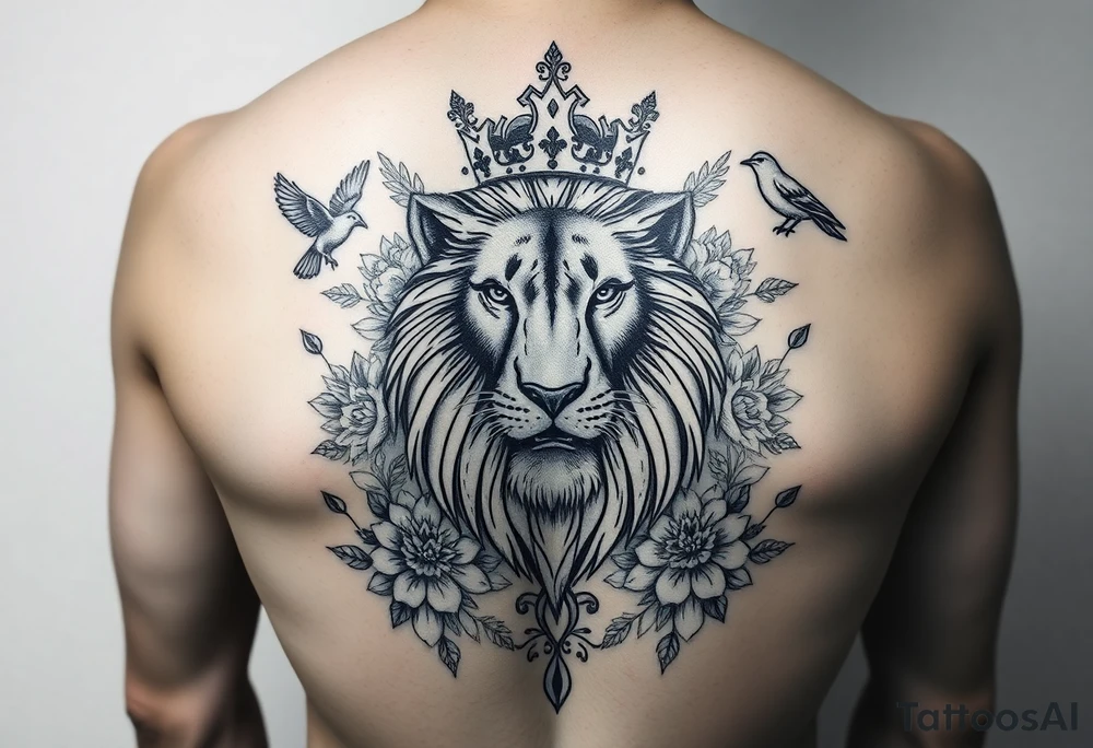 powerful majestic lion with a crown, surrounded by floral ornaments and birds tattoo idea