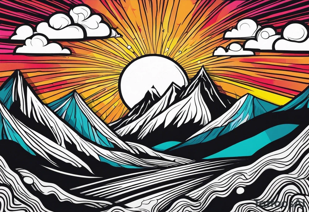 Mountains and in the mountains is a sun with sunbeams that comes out on the mountains from the mountains a river runs down tattoo idea