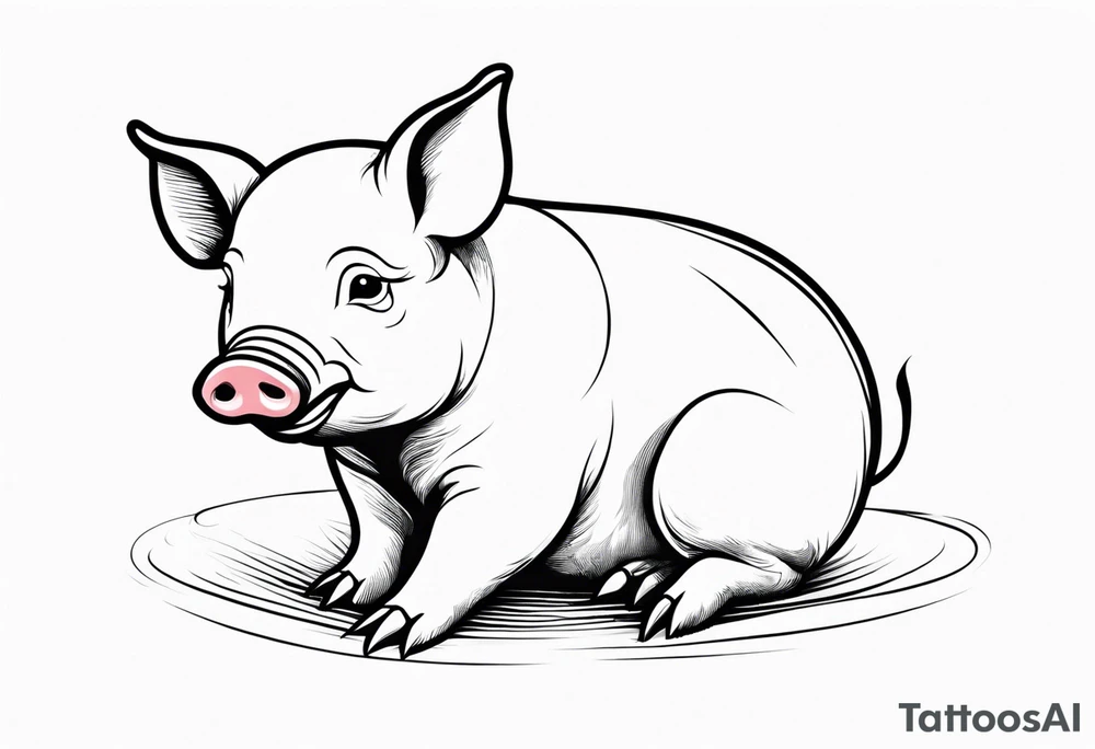 cute  simple piglet sitting on bum. thin lines minimal shading, black and white only, with text "friends not food", white background tattoo idea