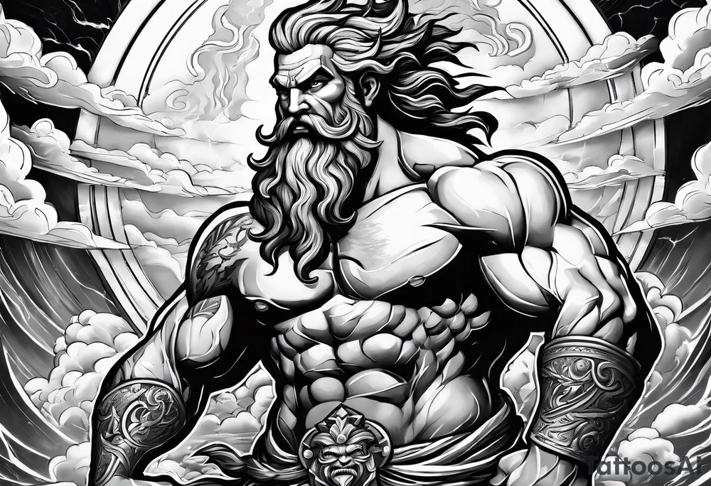 Zeus with a lightning bolt on clouds and Hades in hell below tattoo idea