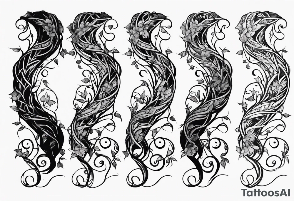 vines coming from skin and wrapping around arms. multi view angles tattoo idea